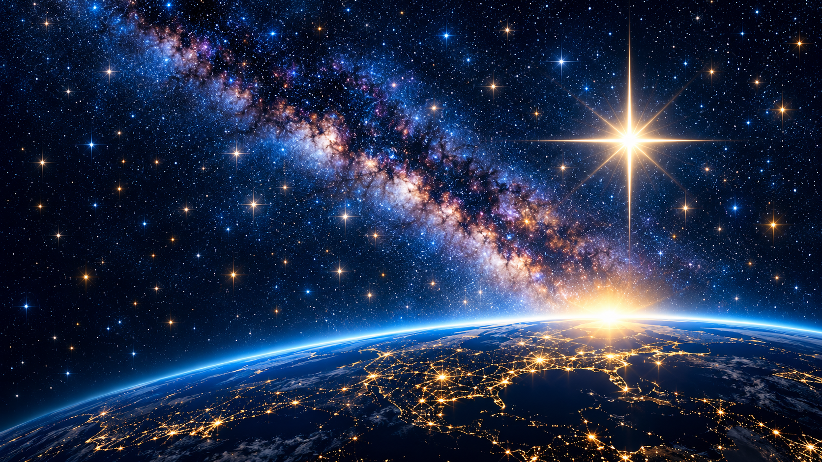 Illustration of a bright guiding star above Earth beneath a sky full of stars